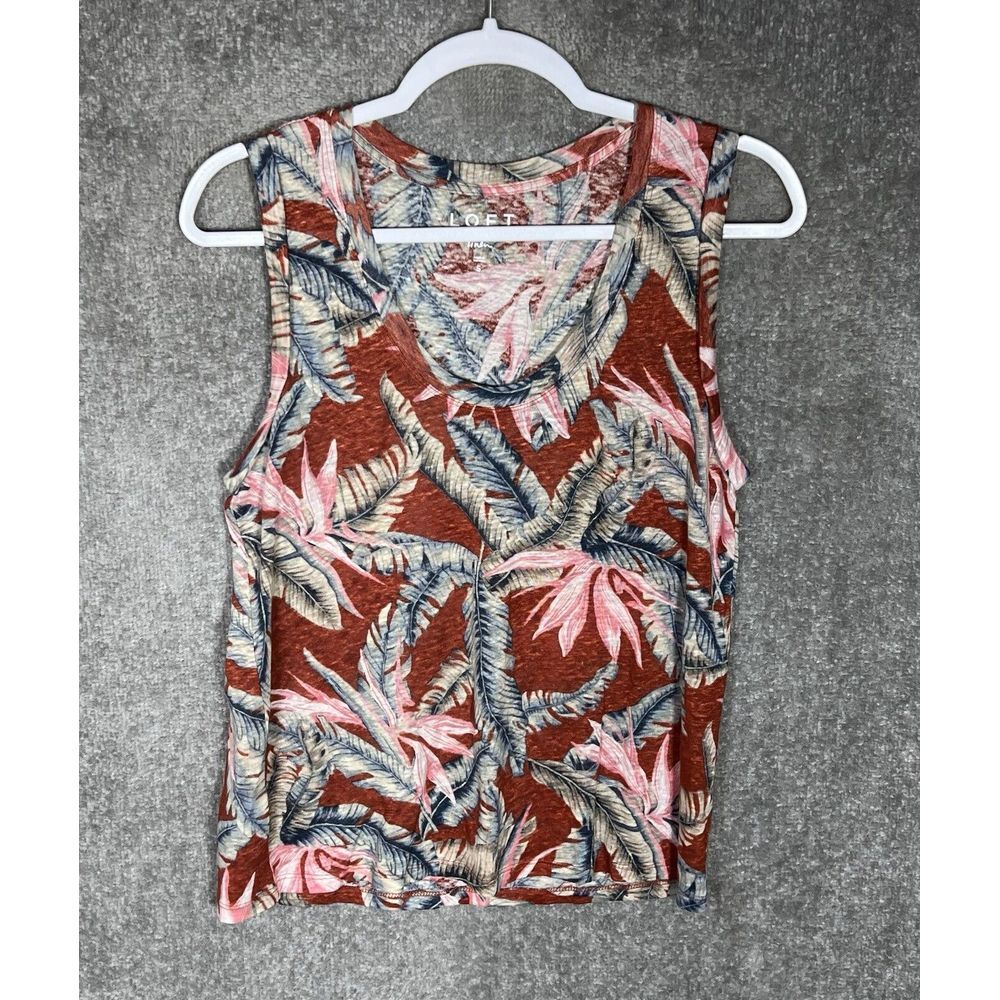 LOFT Linen Tank Top Womens Size Small‎ Tropical Foliage Scoop Neck Sleeveless